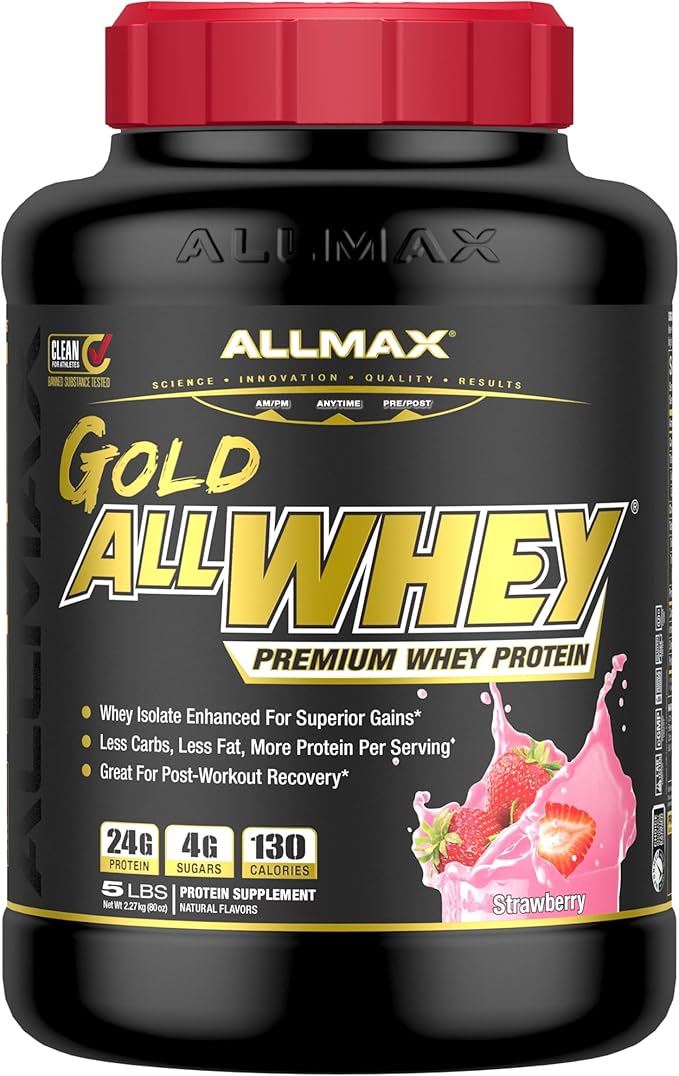 Allmax gold standard whey protein, best protein powder, strawberry flavor, cheap protein powder for women or men, low calorie protein powder, clean protein powder, iso whey protein, whey protein concentrate, whey isolate protein powder, best protein powder for weight loss, best tasting protein powder, good for high protein breakfast, protein shakes, protein drinks