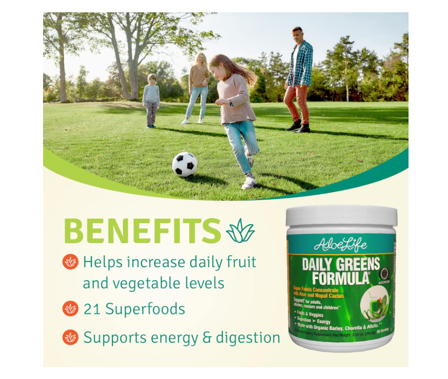 Aloe Life - Daily Greens Powder, QAI-Certified Organic Health Supplement, Antioxidants, 21 Fruits, Veggies, & Herbs Including Aloe & Nopal Cactus, Low-Calorie, Keto-Friendly, Gluten-Free (30 Servings)