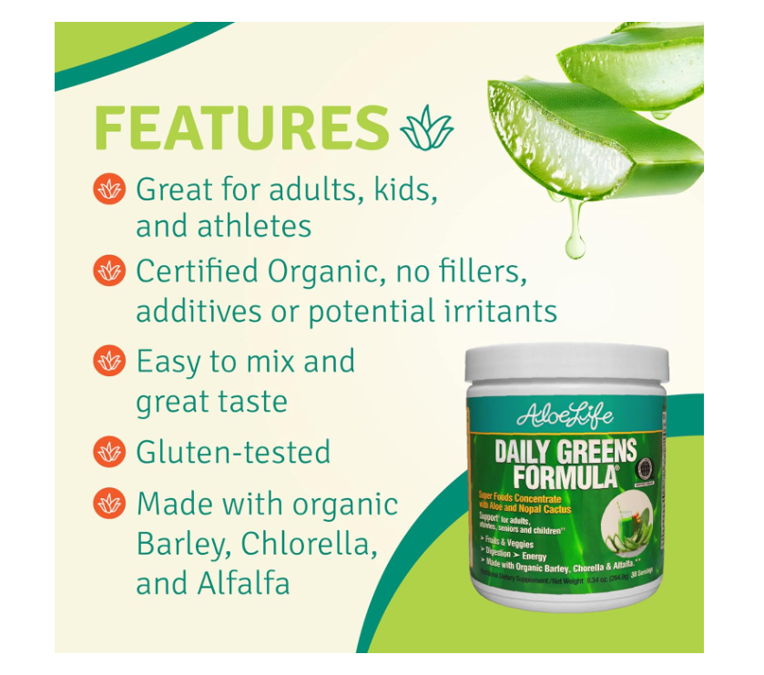 Aloe Life - Daily Greens Powder, QAI-Certified Organic Health Supplement, Antioxidants, 21 Fruits, Veggies, & Herbs Including Aloe & Nopal Cactus, Low-Calorie, Keto-Friendly, Gluten-Free (30 Servings)