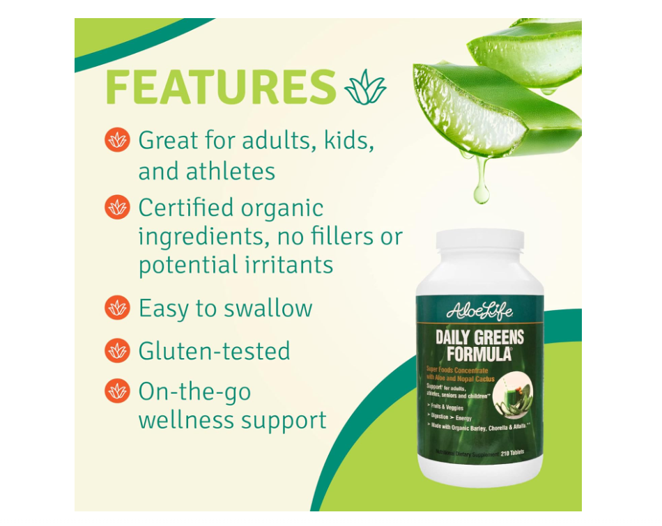 Aloe Life - Daily Greens Tablets, Certified Organic Health Supplement, Antioxidants, 21 Fruits, Veggies, & Herbs Including Aloe & Nopal Cactus, Low-Calorie, Keto-Friendly, Gluten-Free (210 Tablets)